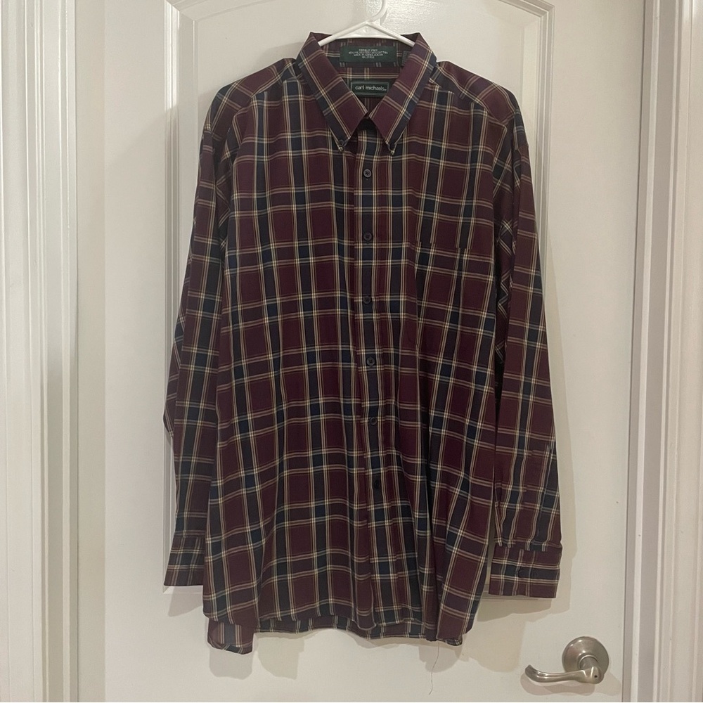 Vintage Carl Michaels Men's Casual Plaid Shirt - Burgundy‎ and Navy XXL